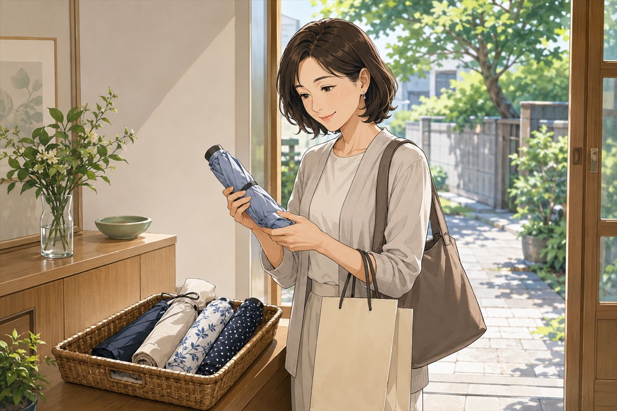 おしゃれで実用的な折りたたみ日傘を選ぶ女性の様子