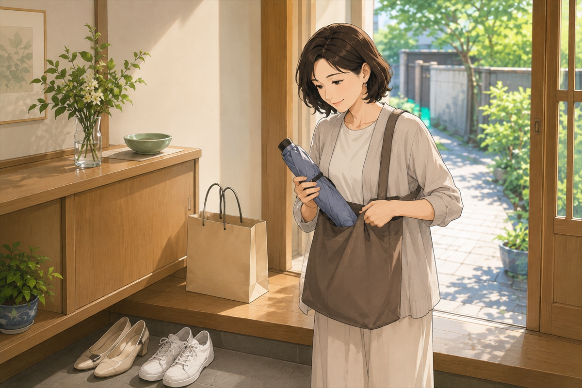 折りたたみ日傘を外出前にバッグへ入れる女性の様子