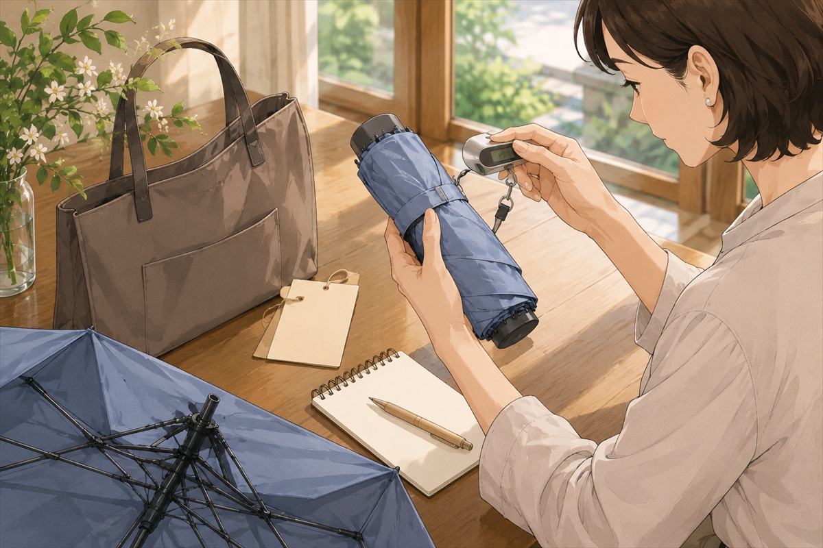 折りたたみ日傘の重さや収納サイズを確認する様子