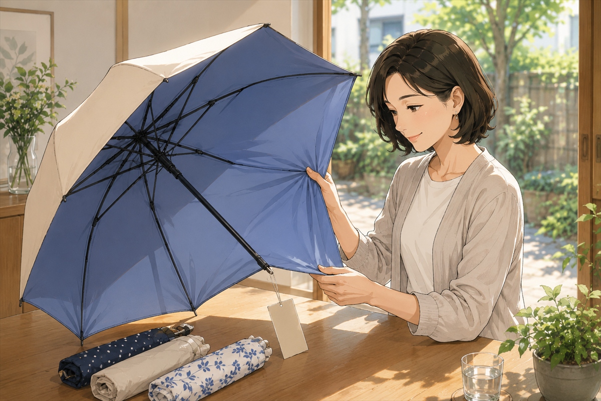 折りたたみ日傘の遮光率やUVカット率やUPFを確認する様子