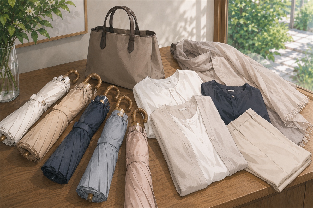 おしゃれな折りたたみ日傘を服やバッグに合わせて選ぶイメージ