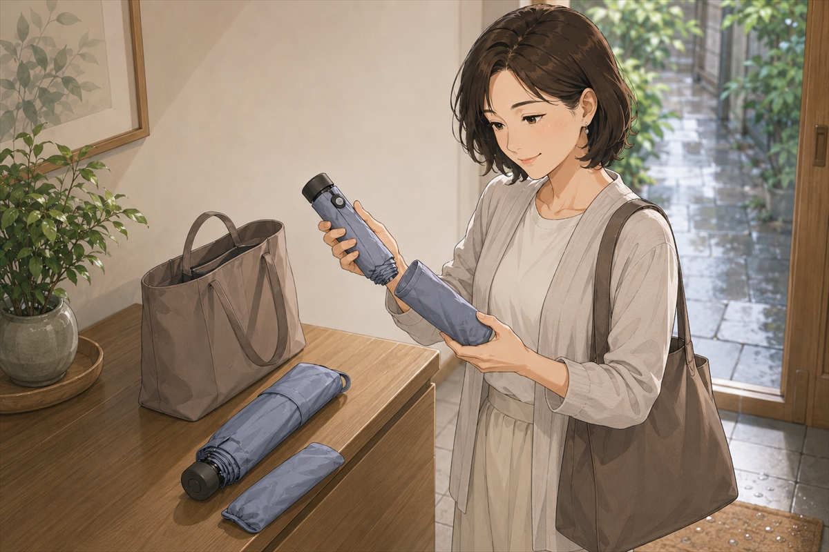 晴雨兼用や自動開閉の折りたたみ日傘を確認する様子