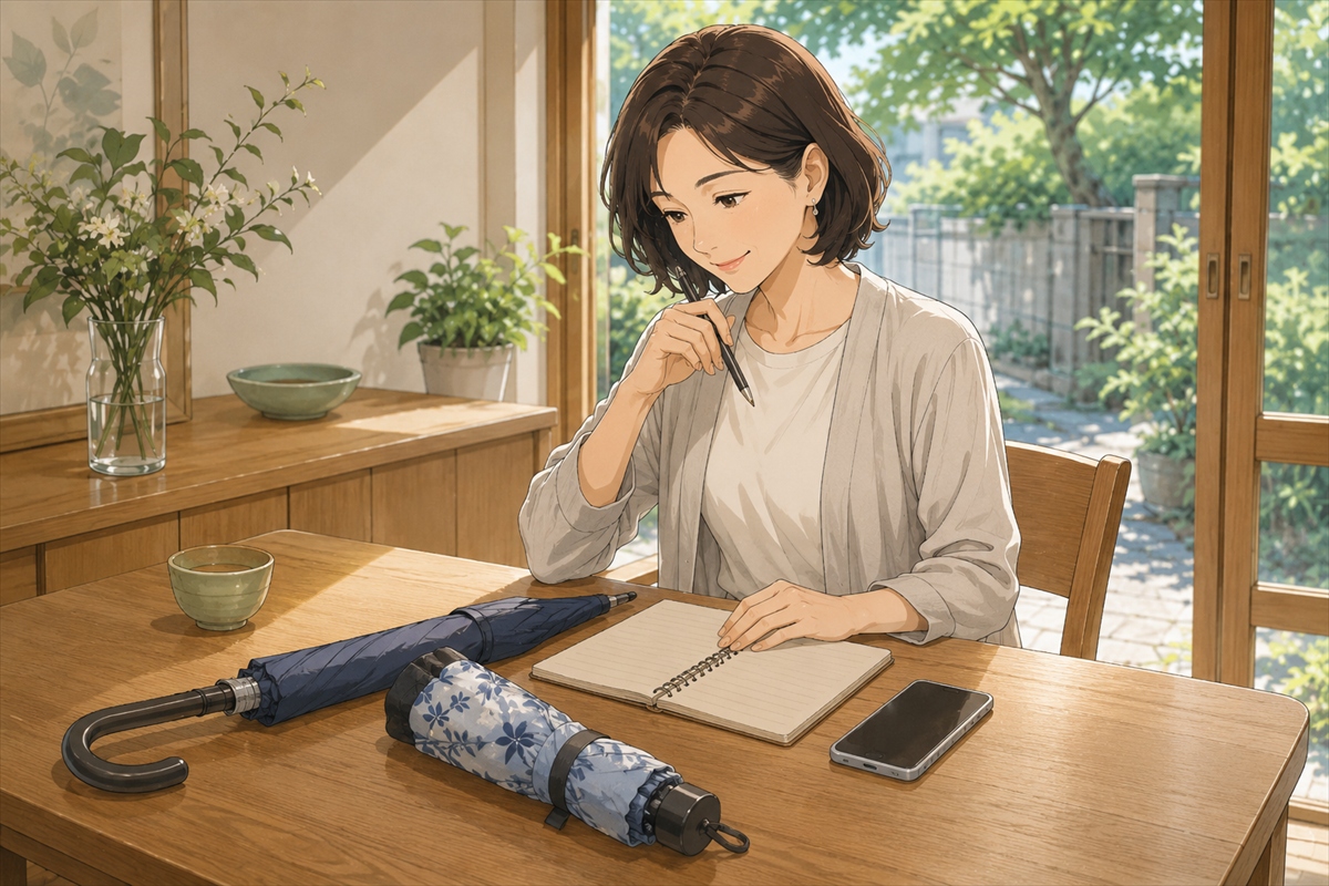 折りたたみ日傘を選ぶ前の疑問をチェックリストで整理する様子