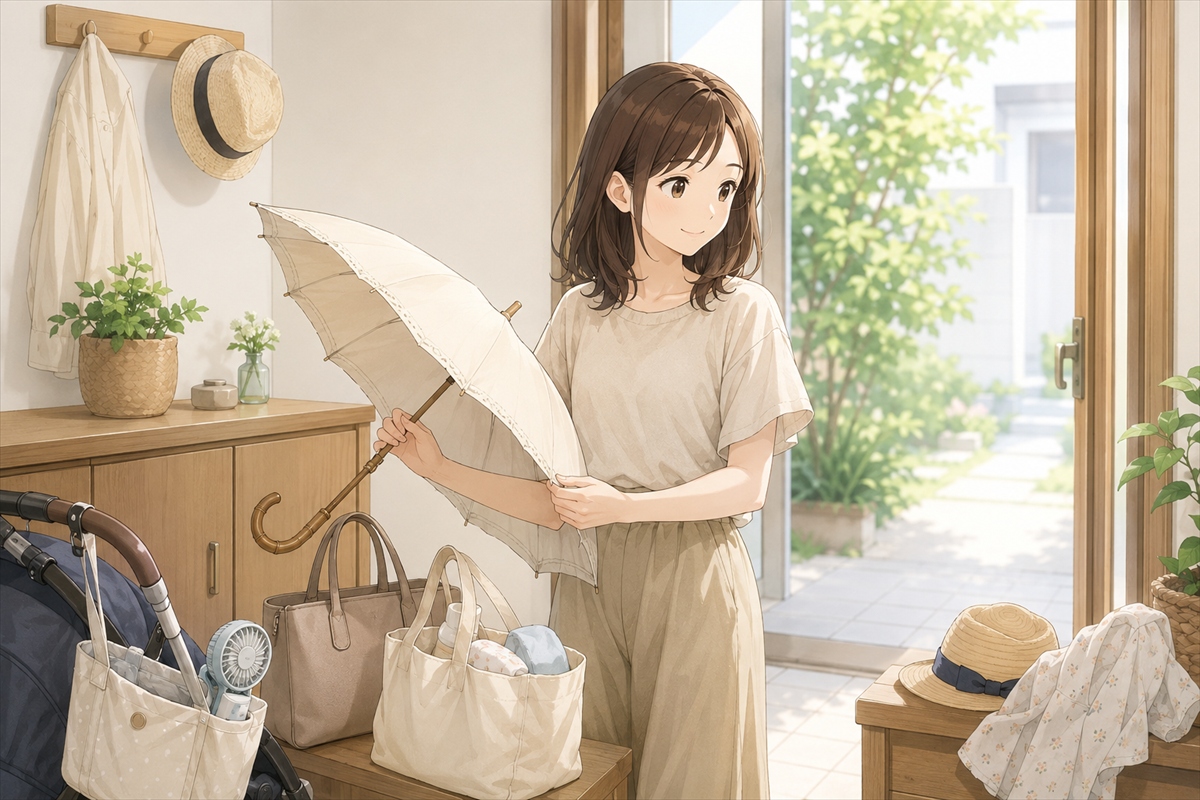 20代若主婦が通勤や買い物に使う日傘を選ぶ様子