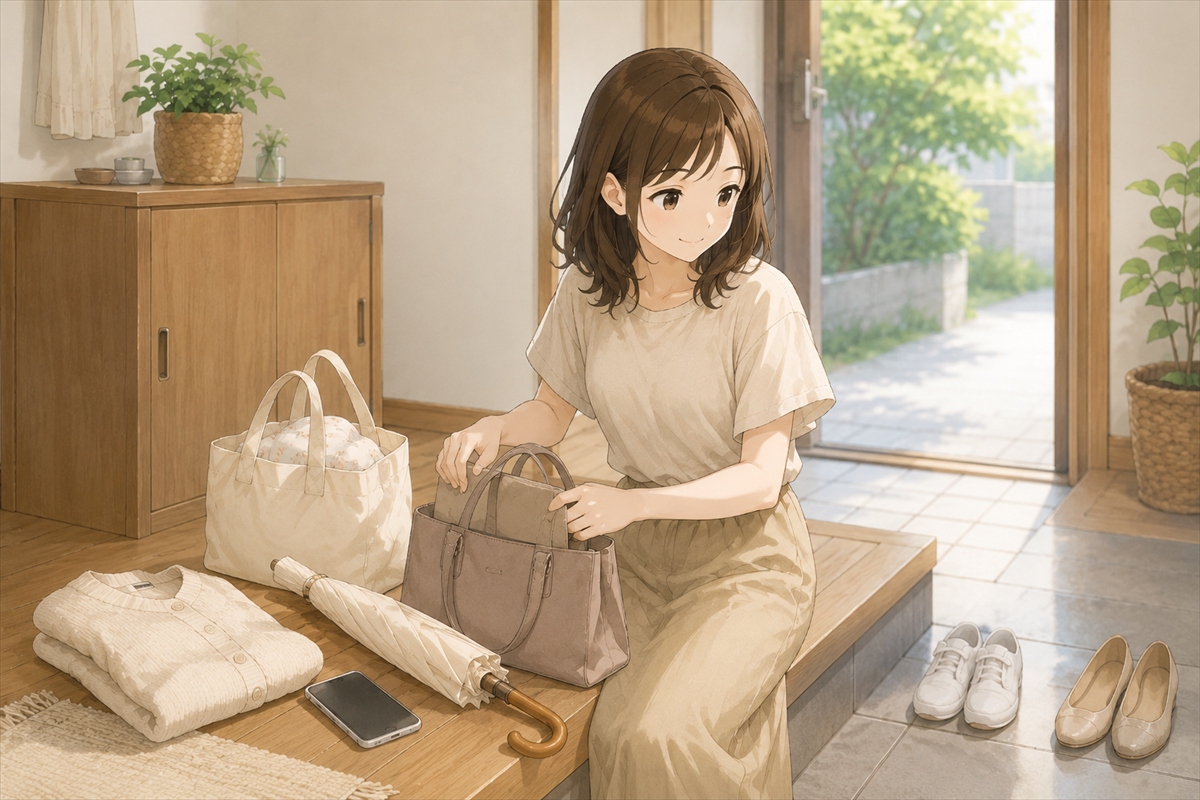20代若主婦が外出前に日傘と通勤バッグを準備する様子