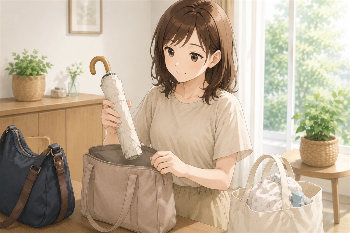 軽い折りたたみ日傘が通勤バッグに入るか確認する様子