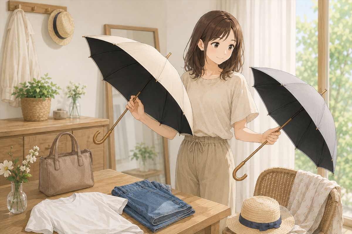おしゃれな日傘の外側デザインと内側の色を確認する様子