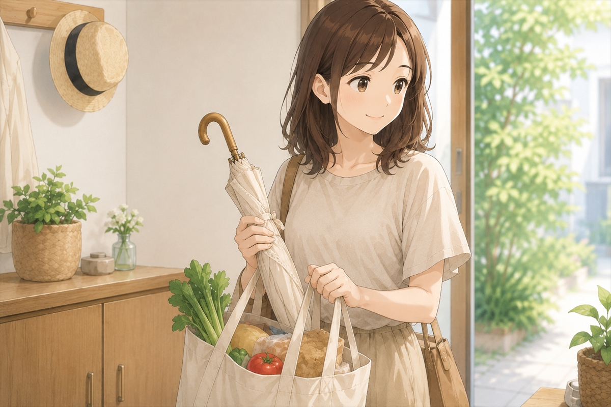 買い物帰りにエコバッグと日傘を一緒に持つ様子