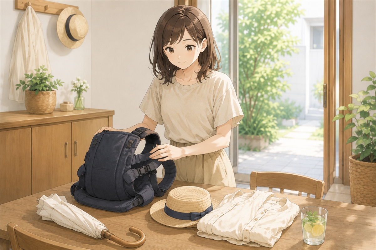 抱っこ紐の日に日傘と帽子を準備する様子