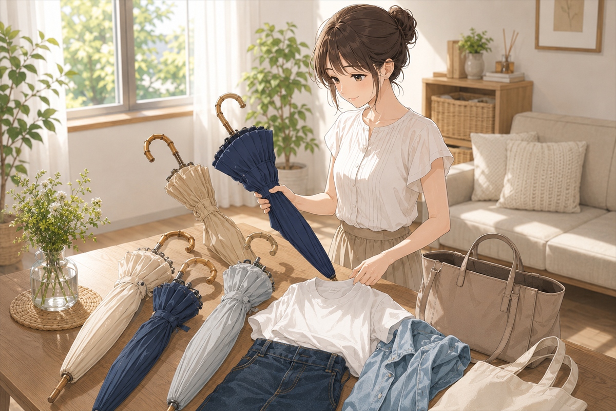20代若主婦が服やバッグに合う日傘の色を選ぶ様子