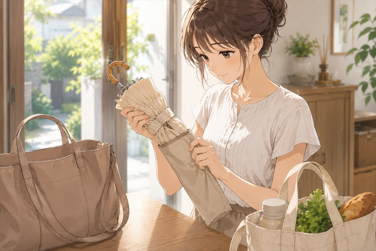 折りたたみ日傘を収納袋に戻しやすいか確認する様子