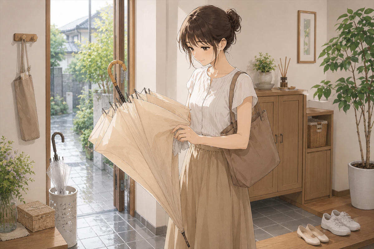晴雨兼用の日傘を帰宅後に玄関で乾かす様子
