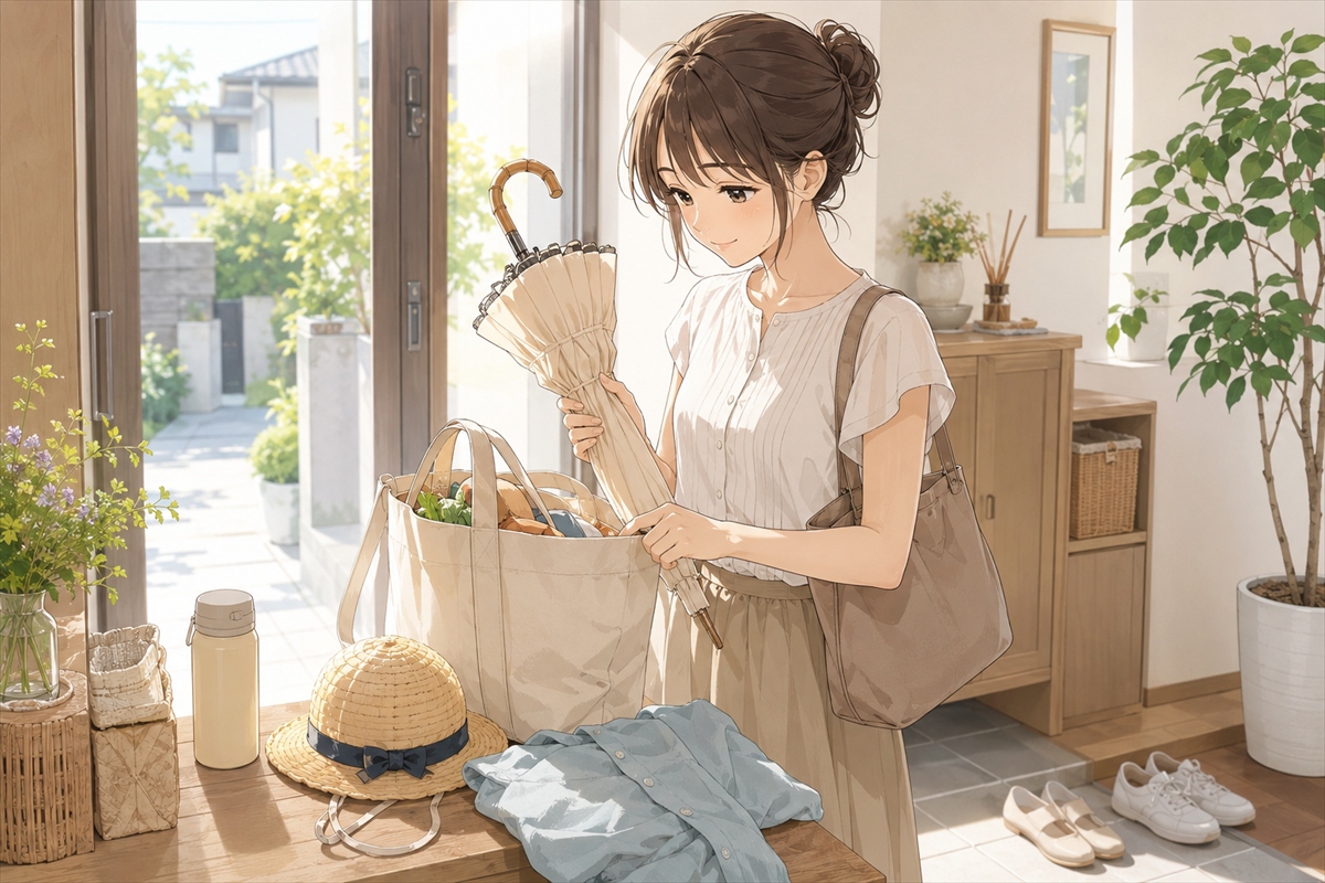20代若主婦が日傘とバッグを整えて外出準備をする様子