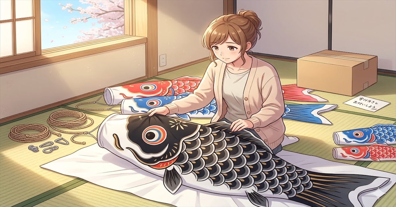 思いを込めて、鯉のぼりの点検