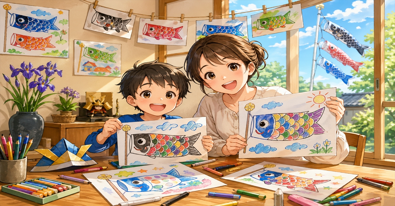 家族で飾る鯉のぼり作品