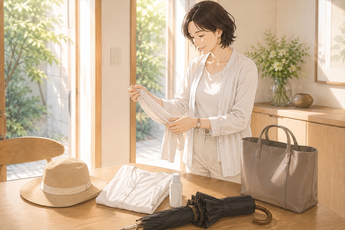 完全遮光日傘と帽子や日焼け止めを外出前に準備する様子