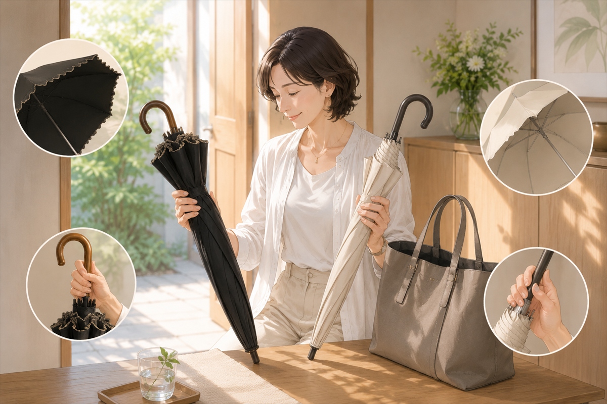 完全遮光日傘と普通の日傘を使いやすさで比較するイメージ