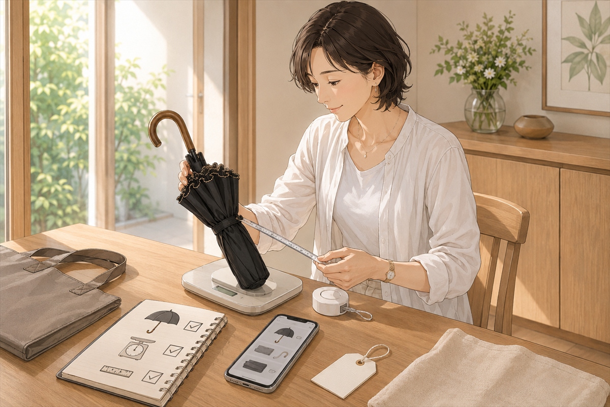 完全遮光日傘を買う前にチェックリストで確認する様子