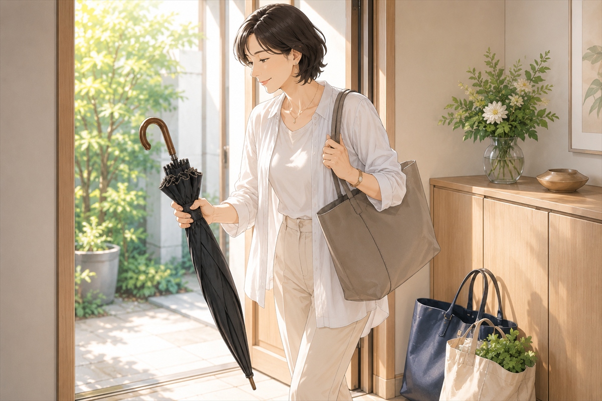 玄関で完全遮光日傘を手に取り夏の外出へ向かう女性の様子