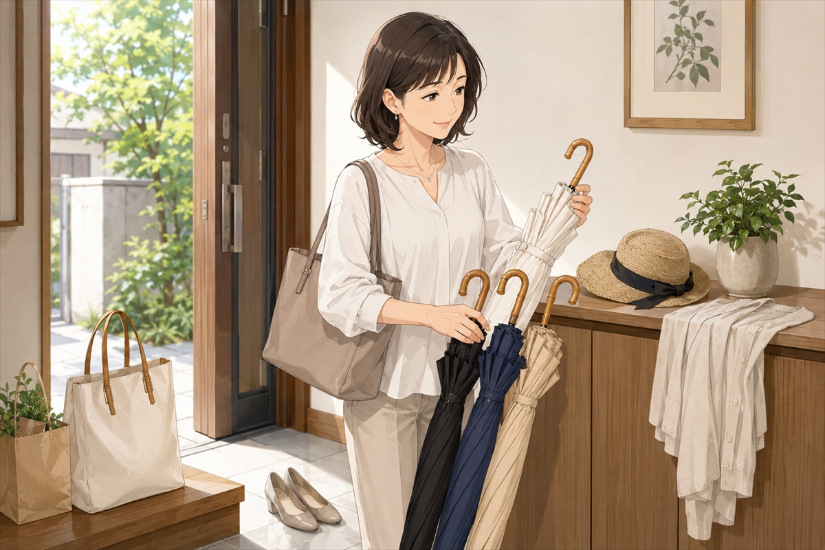 日傘の色を白と黒やベージュから選ぶ女性の様子