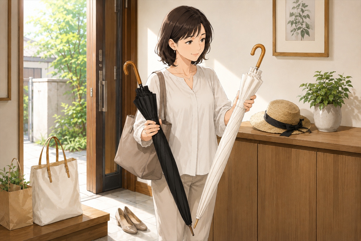 白と黒の日傘のどちらを選ぶか玄関で迷う様子