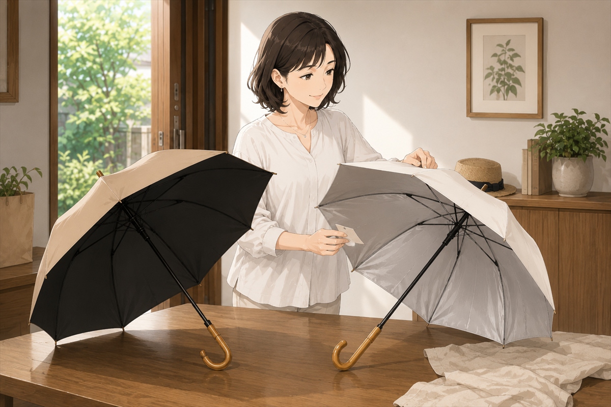 日傘の外側の色と内側の色を分けて確認する様子