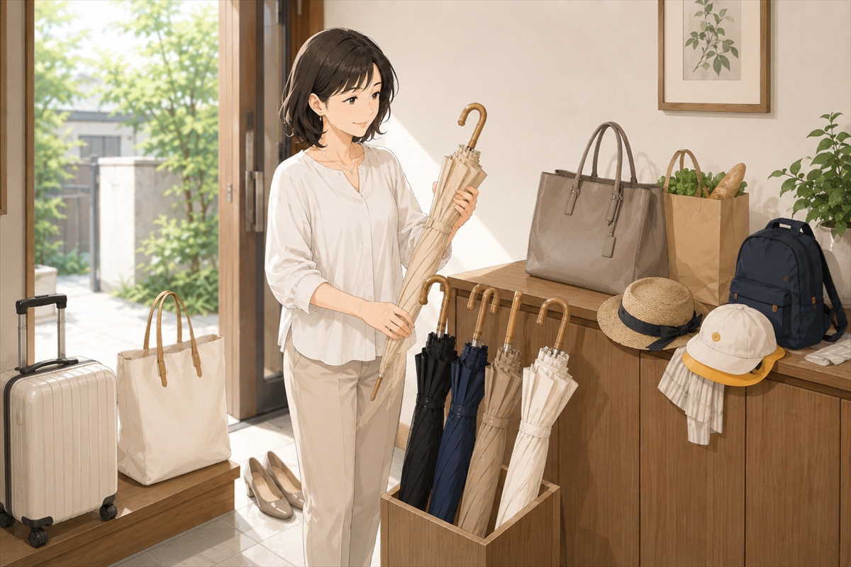 通勤や買い物や送迎や旅行に合わせて日傘の色を選ぶ様子