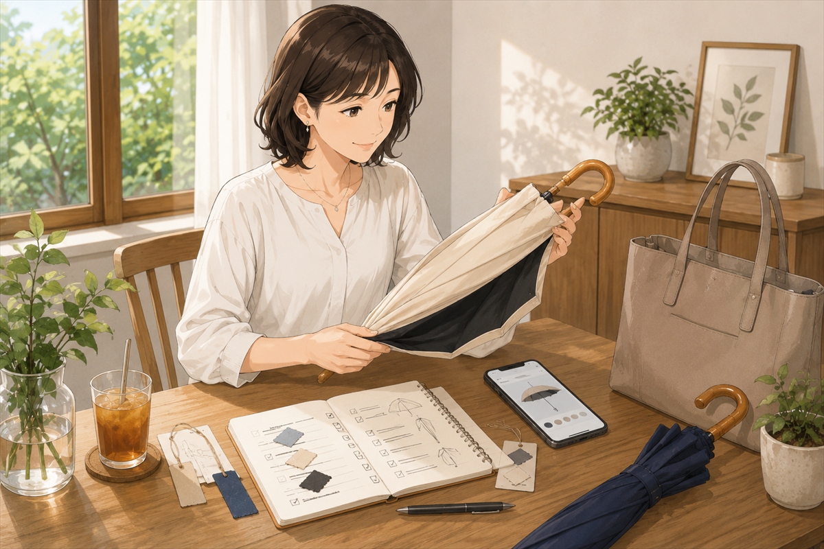 日傘の色選びで購入前チェックリストを確認する様子