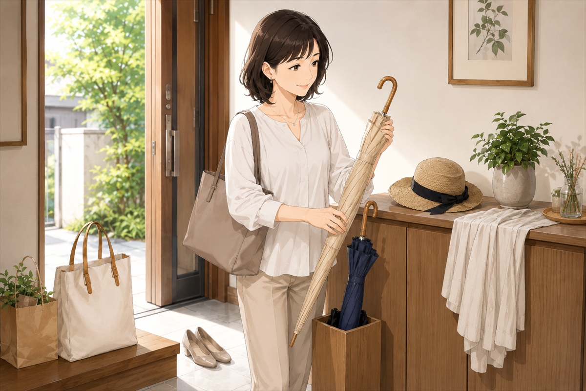 玄関で暮らしに合う色の日傘を手に取る女性の様子