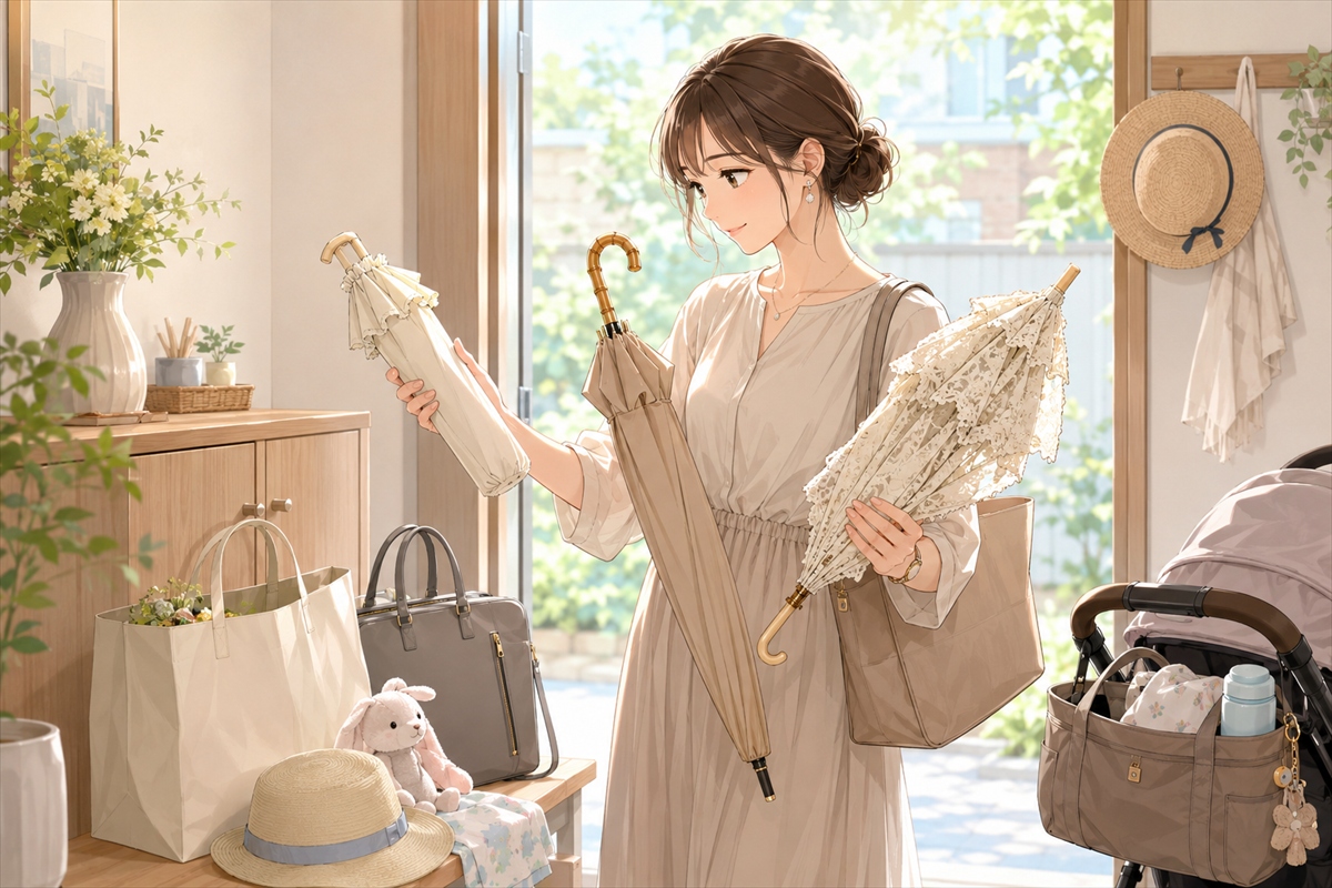 20代30代主婦が可愛い日傘を玄関で選ぶ様子