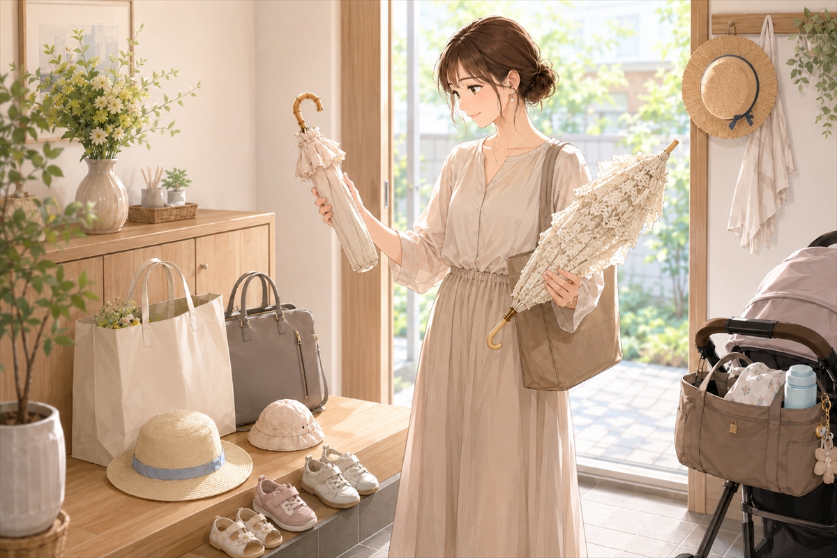 送迎前に可愛い折りたたみ日傘を選ぶ20代30代主婦