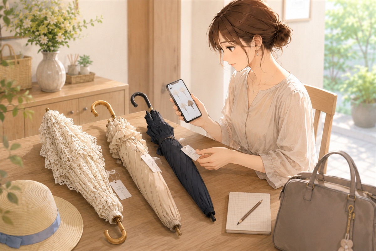 可愛い日傘をデザインと機能と使う場面で比較する様子