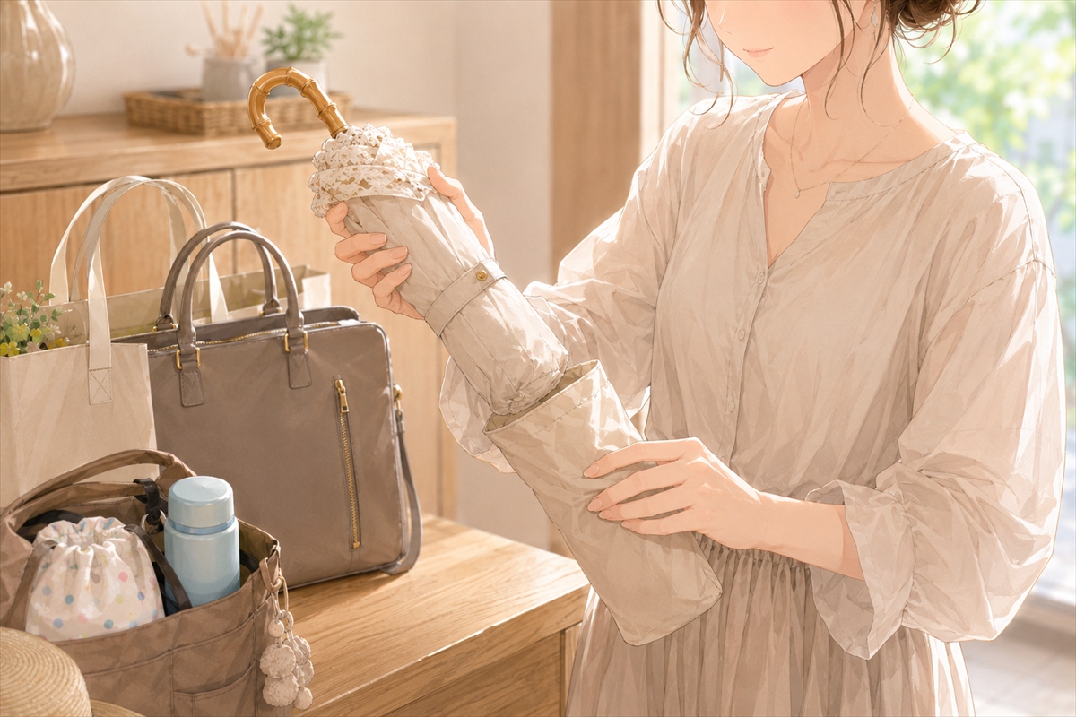 可愛い折りたたみ日傘のたたみやすさと収納袋を確認する様子