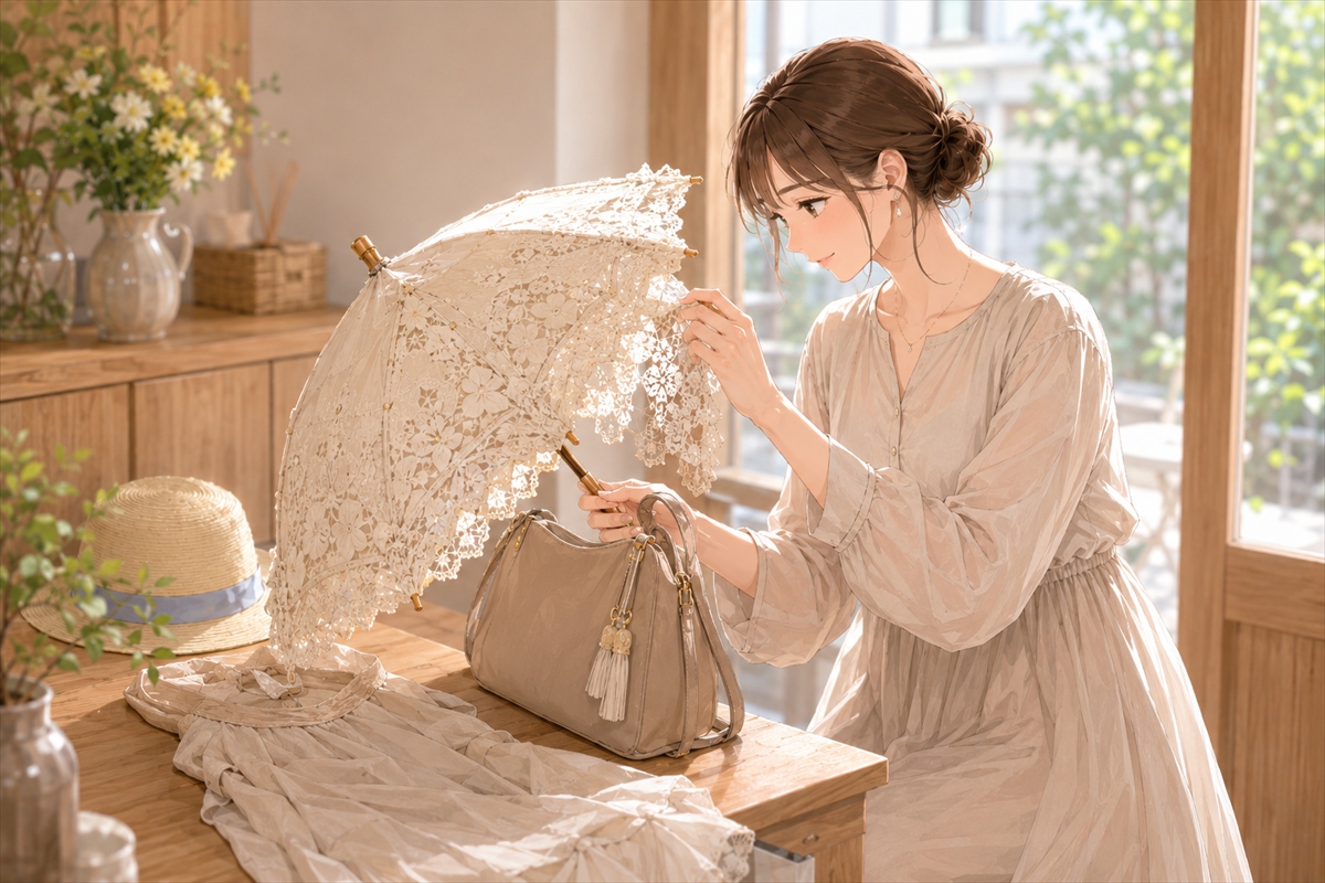 レースの可愛い日傘のデザインと普段使いしやすさを確認する様子