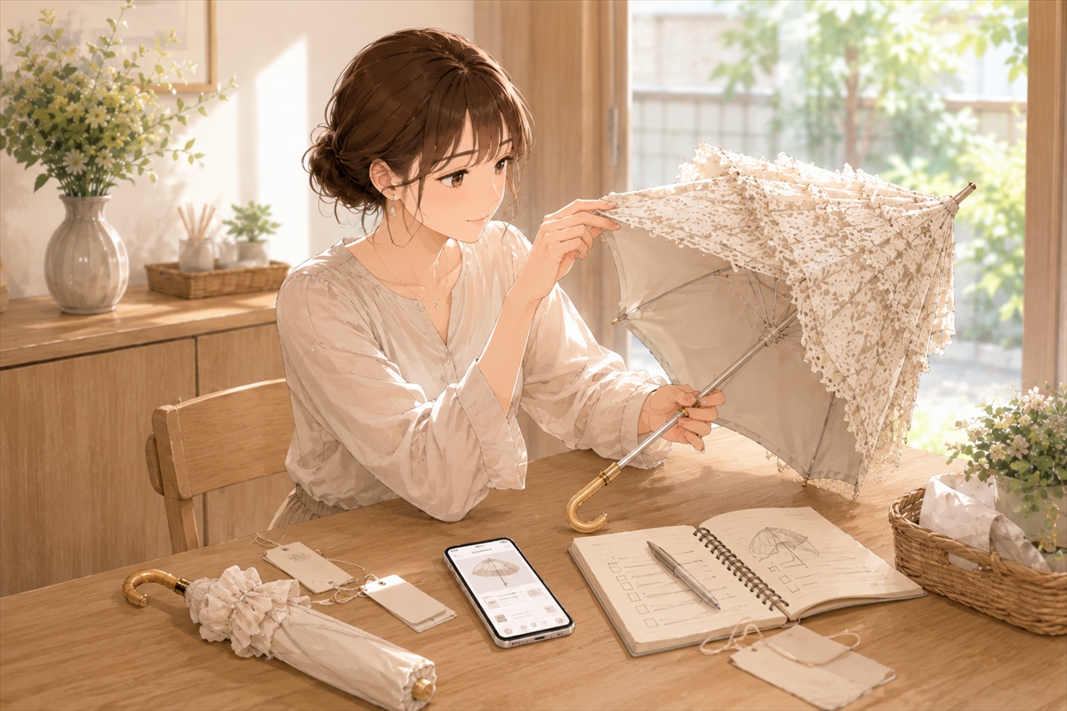 安い可愛い日傘のUVカット率や遮光率を確認する様子