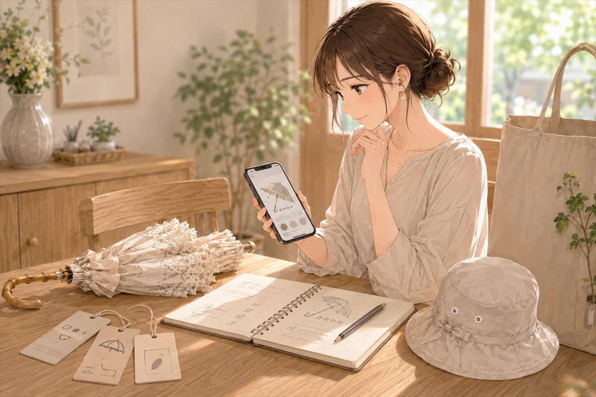 20代30代主婦が可愛い日傘の購入前チェックリストを確認する様子