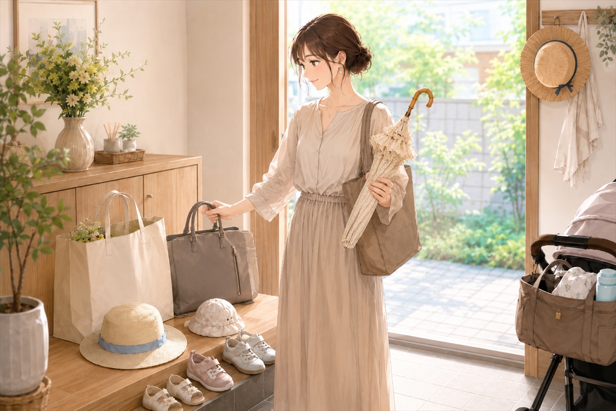 20代30代主婦が玄関で可愛い日傘を手に取る様子