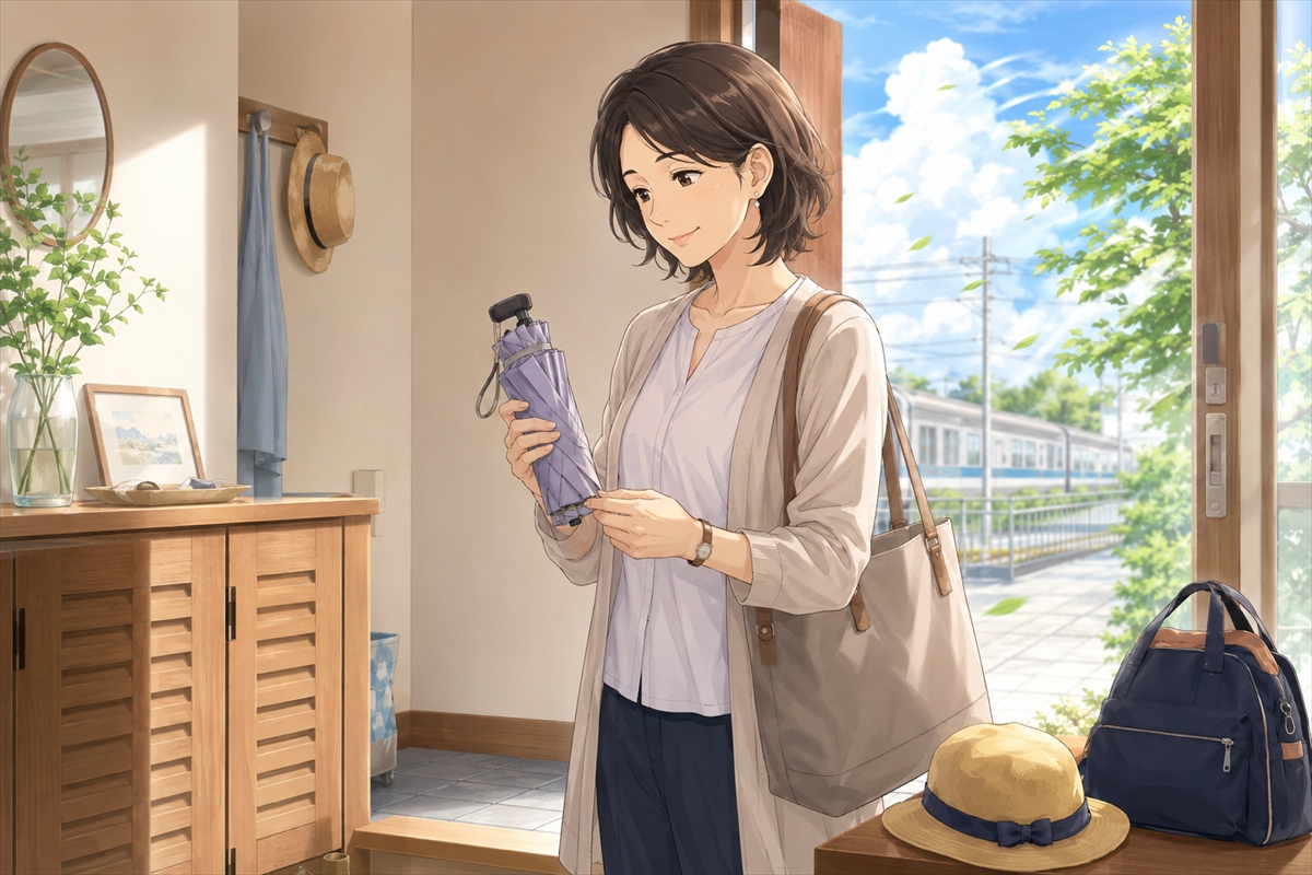 風に強い折りたたみ日傘を外出前に確認する主婦