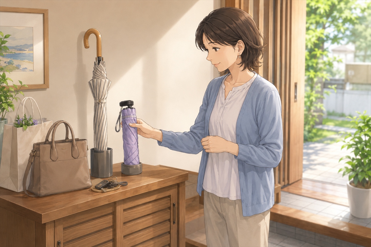 風に強い折りたたみ日傘と長傘を生活場面で選び分ける様子