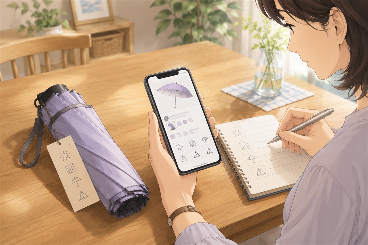 風に強い日傘のUVカット率や遮光率を商品タグで確認する様子