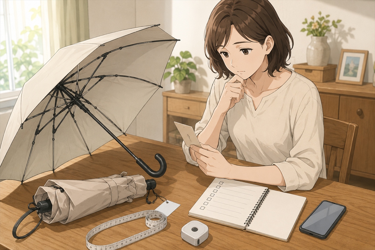 風に強い日傘の購入前チェックリストを確認する主婦