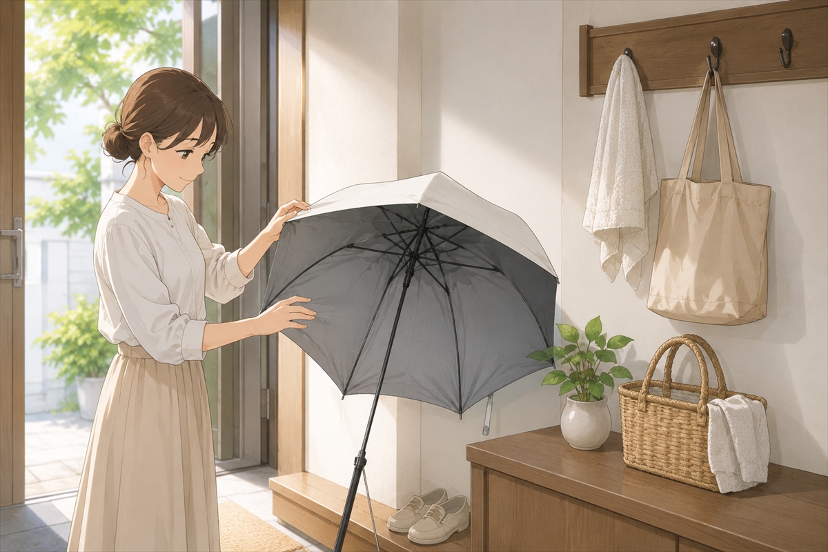 風に強い日傘を使った後に玄関で陰干しする様子