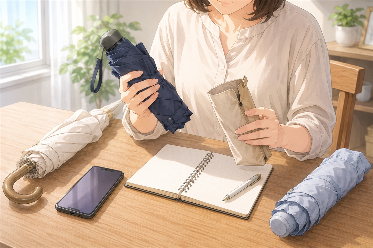 風に強い日傘の折りたたみや長傘の疑問を整理する様子