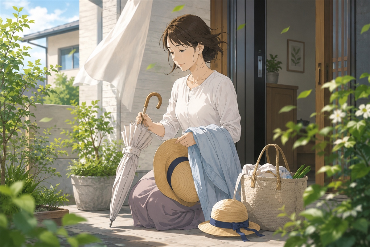 風が強い日に日傘を閉じて帽子や羽織りを準備する主婦