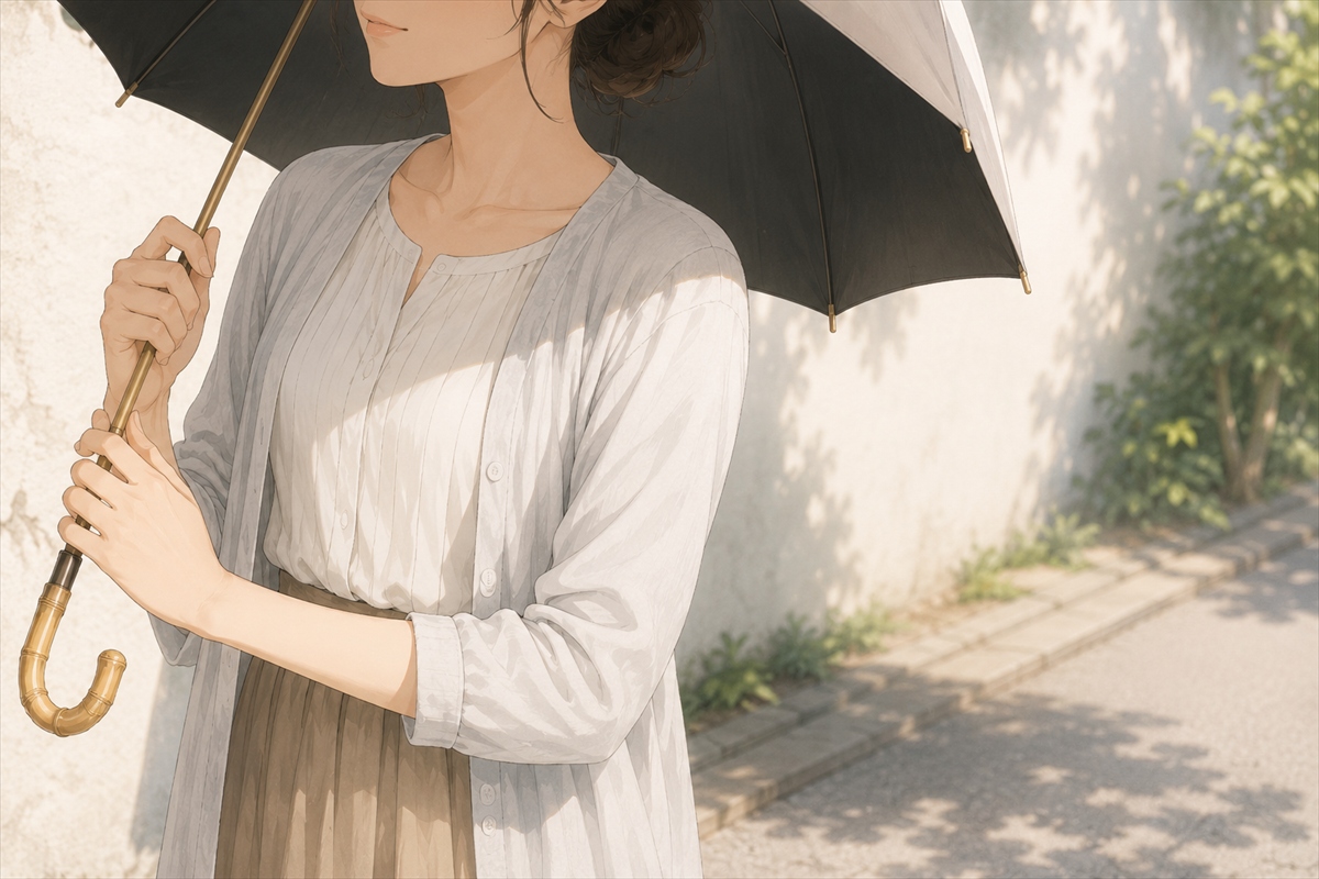 内側が黒い日傘で照り返し対策を考える様子 