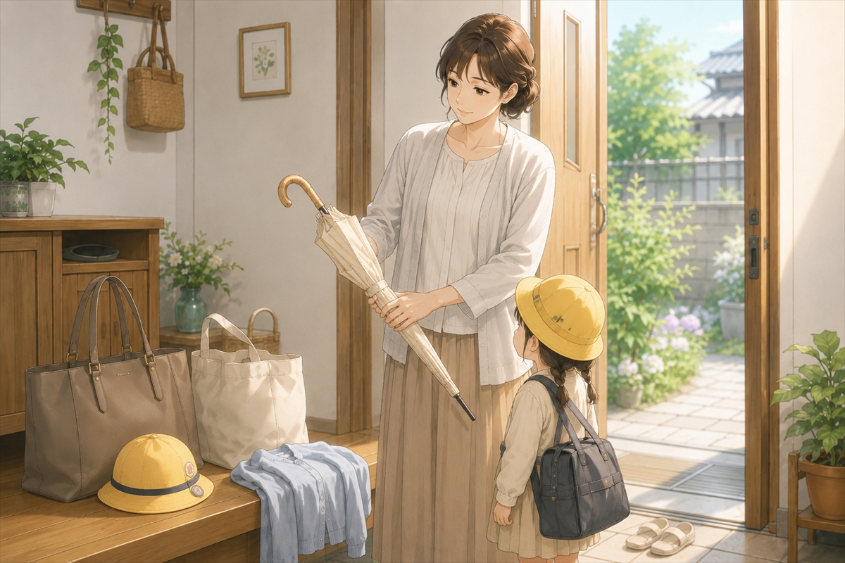 子どもの送迎で安全に使いやすい日傘を準備する様子