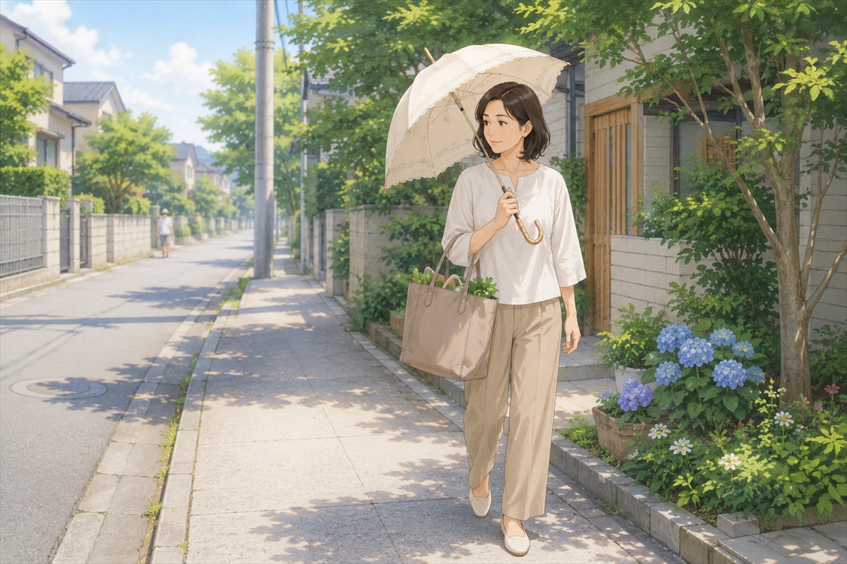 日傘を太陽の向きに合わせて角度調整する使い方