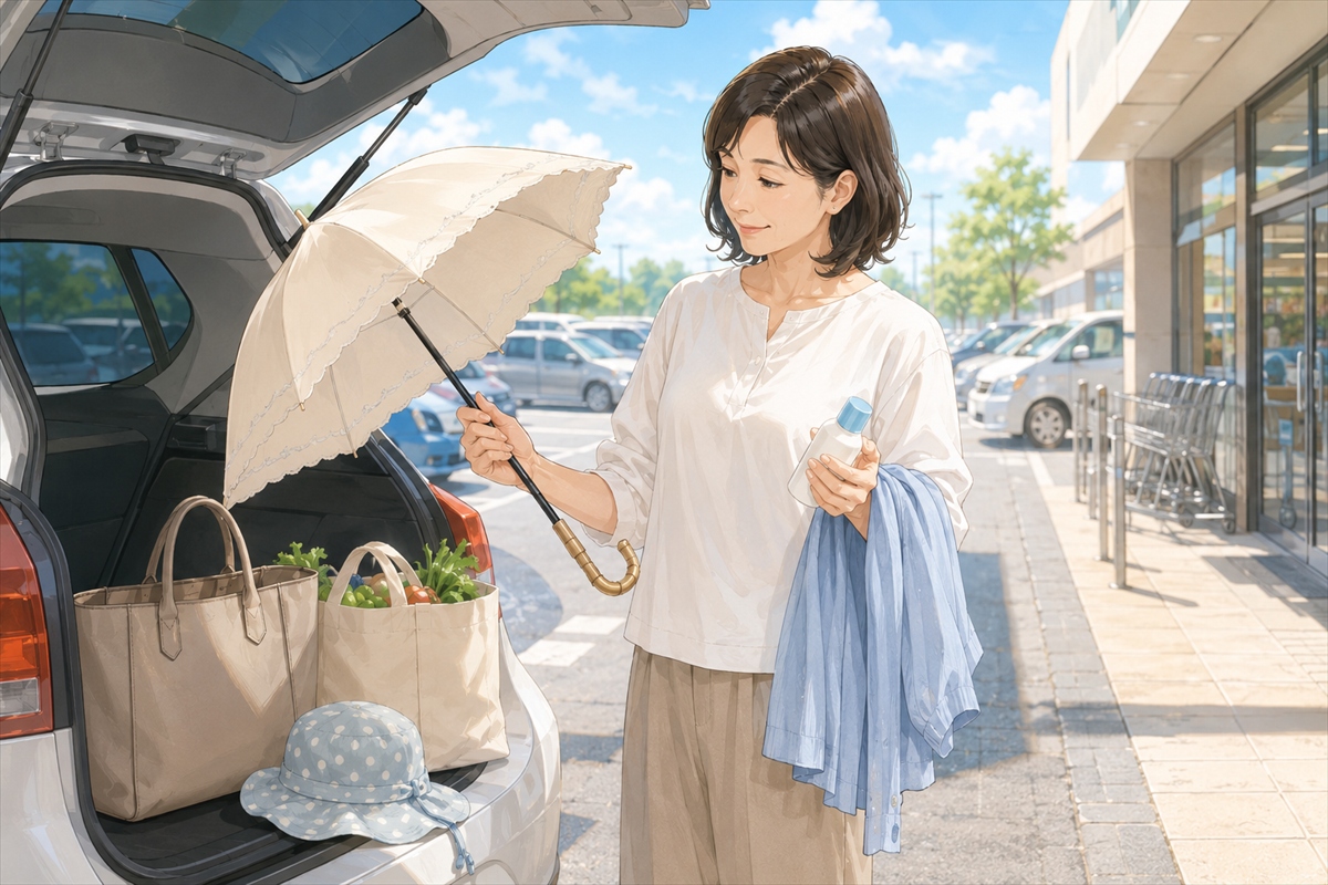 日傘と羽織りと日焼け止めで駐車場の照り返し対策をする様子