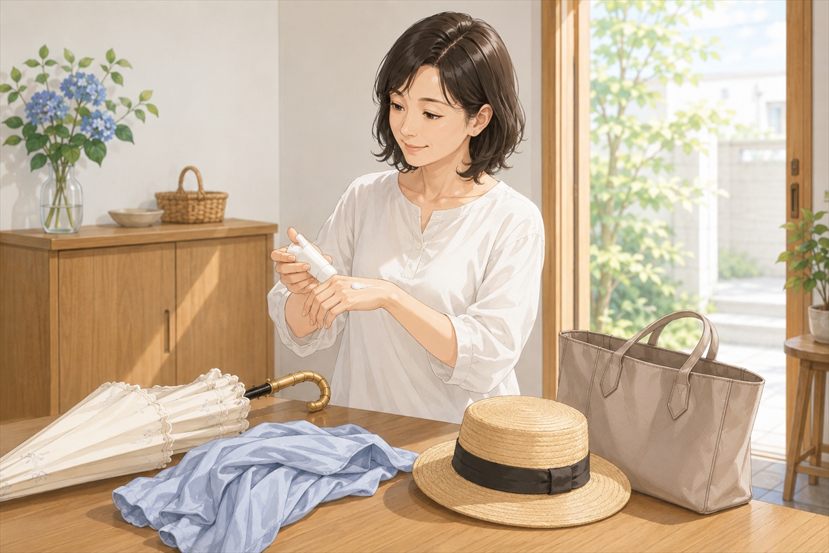日傘と日焼け止めと帽子を組み合わせて日焼け対策をする様子