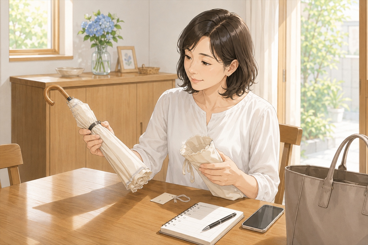 日傘の購入前チェックリストで重さや収納袋を確認する様子